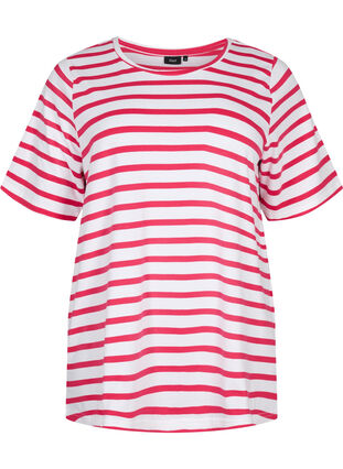 Striped T-shirt in organic cotton, Bright Rose Stripes, Packshot image number 0