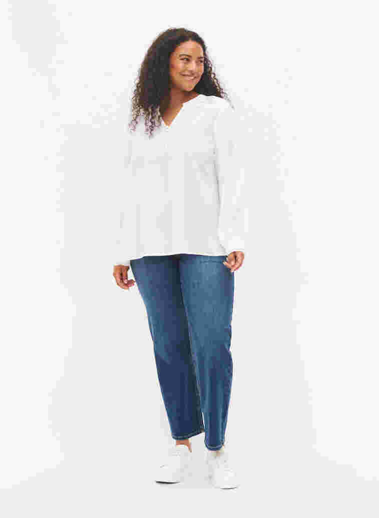 Long-sleeved blouse with v-neck, Bright White, Model image number 2