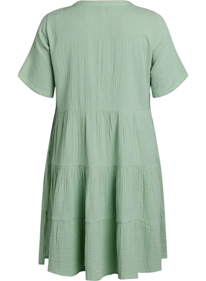 Knee-length cotton muslin dress with an A-line cut, Green, Packshot image number 1