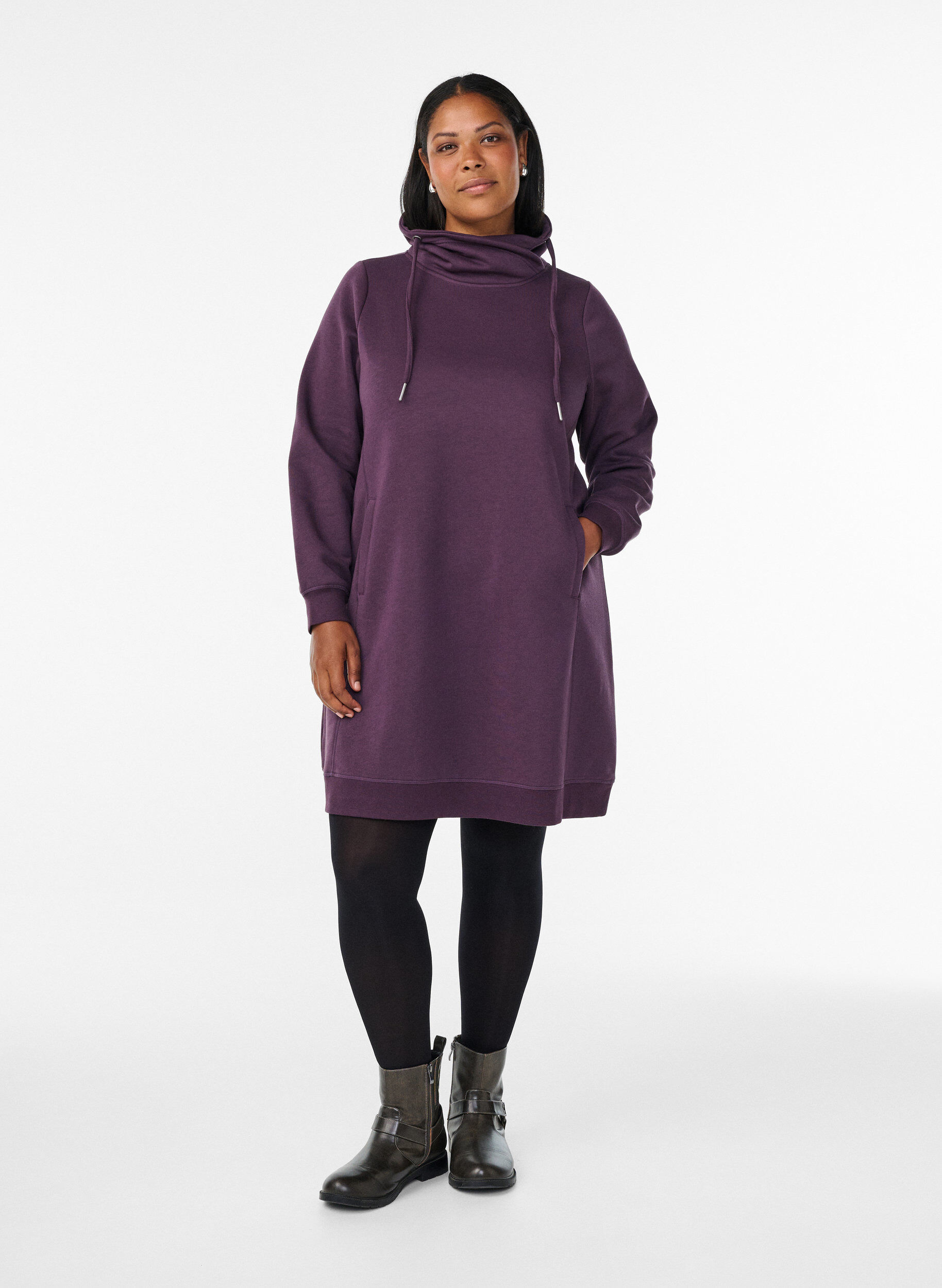 Zizzifashion Short sweatshirt dress with high collar and pockets, Purple, Model image number 1