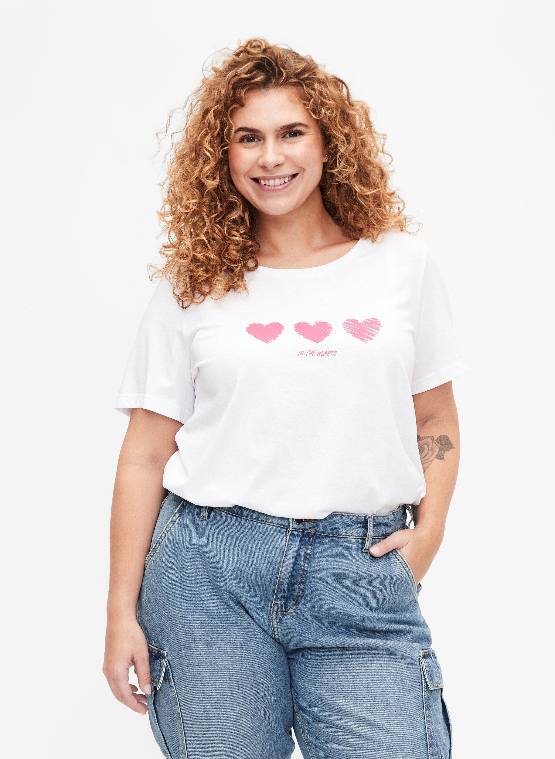 Zizzifashion Crew neck cotton T-shirt with print, B. White W. Hearts, Model image number 0