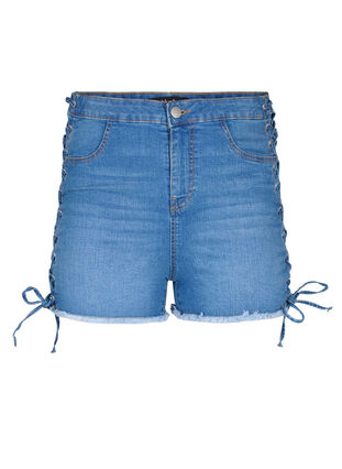 Denim shorts with lace-up details, Blue Denim, Packshot image number 0