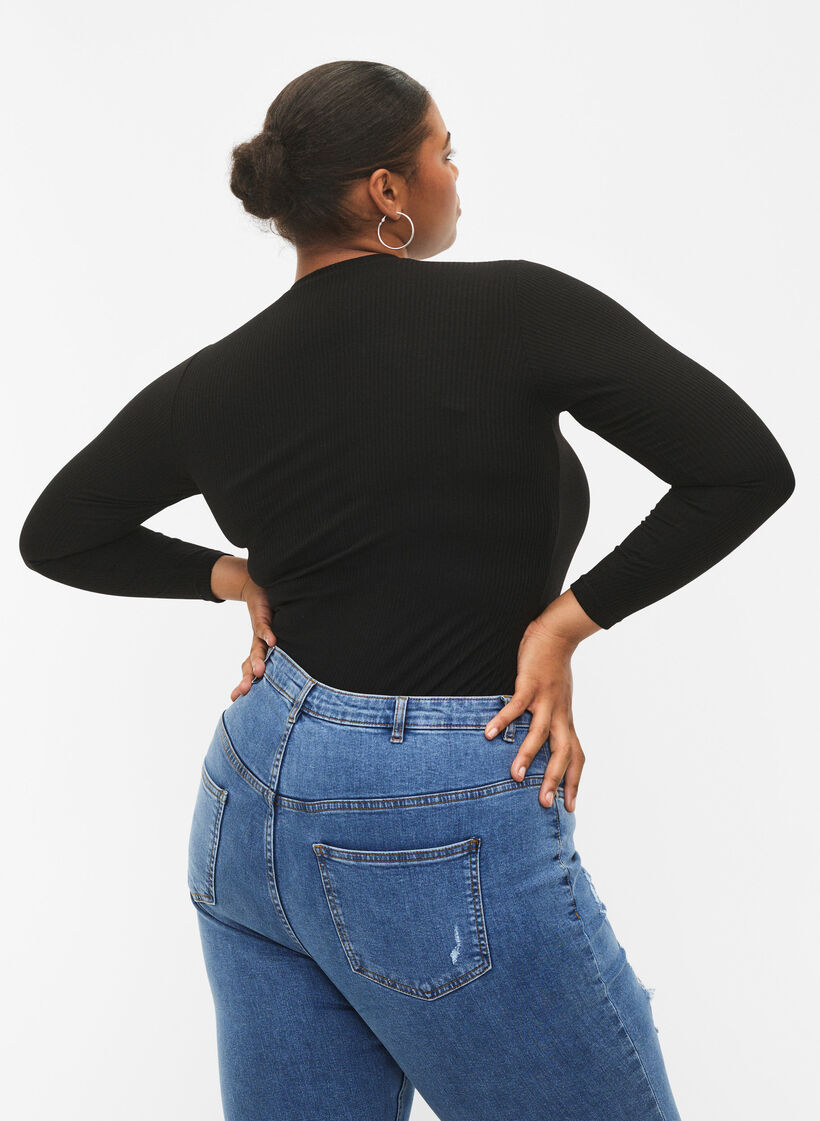 Long sleeve ribbed blouse with hole details, Black, Model image number 1