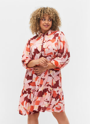 Floral viscose tunic with 3/4 sleeves, Bordeaux Flower AOP, Model image number 0