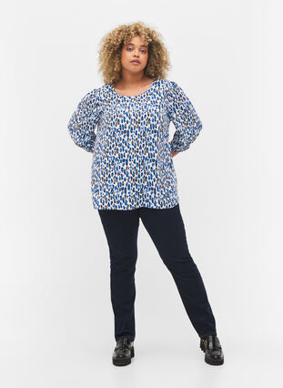 Printed blouse with 3/4 sleeves, Blue Leo AOP, Model image number 2