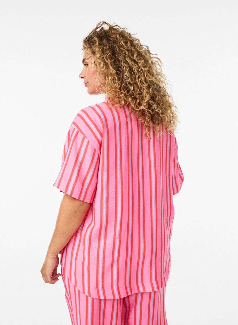 Striped viscose shirt with short sleeves, Pink, Model image number 2
