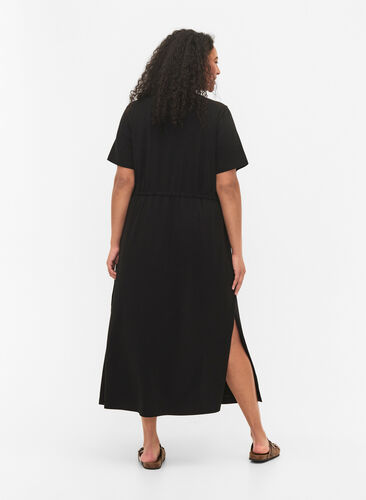 Midi dress in cotton with short sleeves, Black Solid, Model image number 1