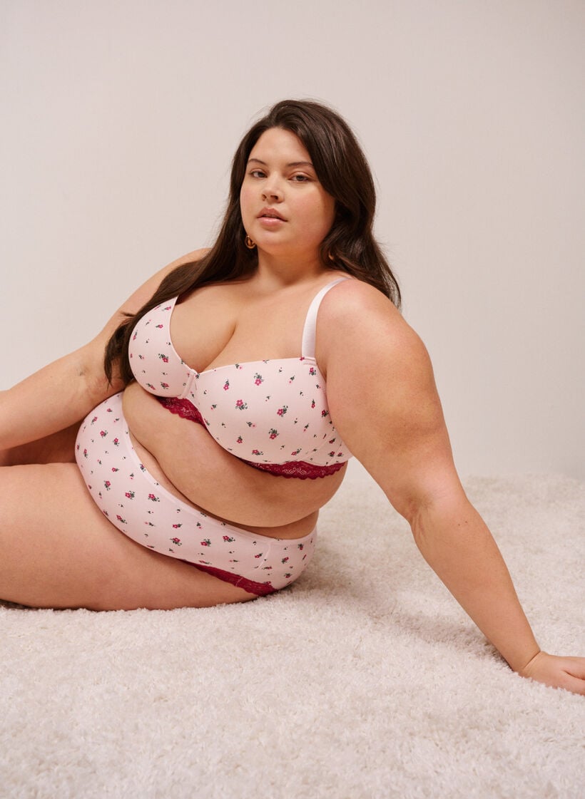 Moulded bra with floral print and lace, Rose, Image image number 0