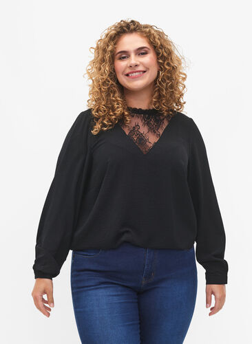 Long sleeved blouse with lace detail, Black, Model image number 0