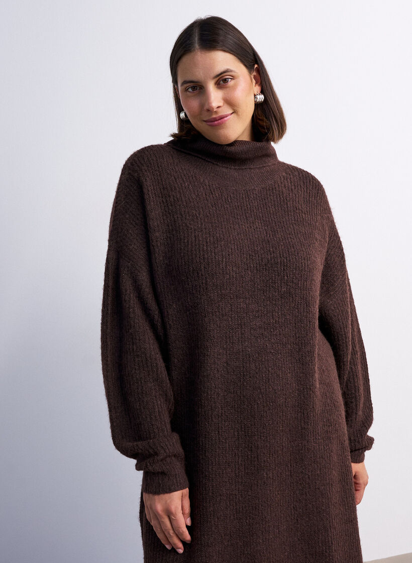 Knitted dress with turtleneck, Brown, Model image number 3