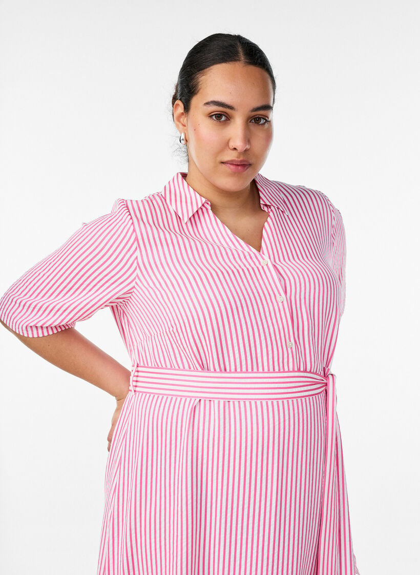 Ankle-length shirt dress with tie belt and stripes, Pink, Model image number 2