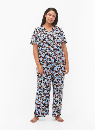 Loose viscose pyjama bottoms with print, Black Blue Flower, Model image number 0
