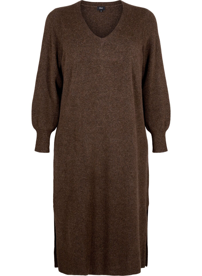 Long-sleeved knitted dress with V-neck, Brown, Packshot image number 0