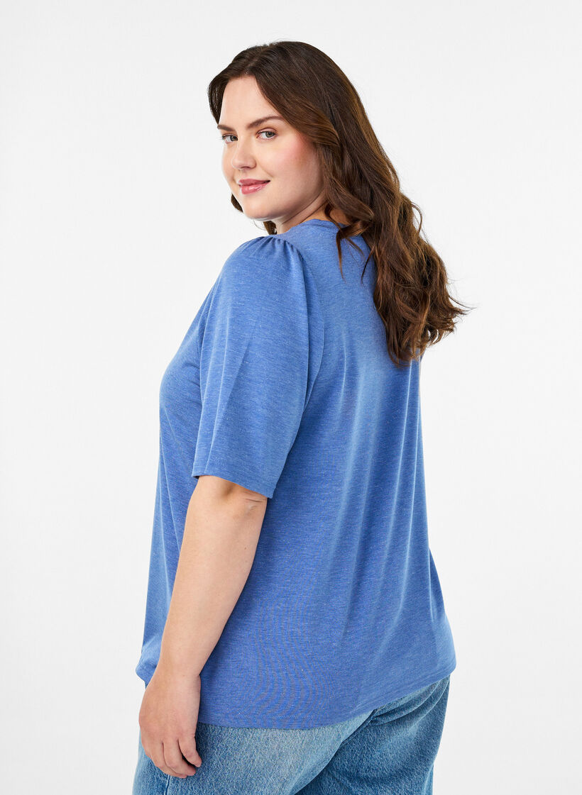 T-shirt with glitter and short puff sleeves, Blue, Model image number 2