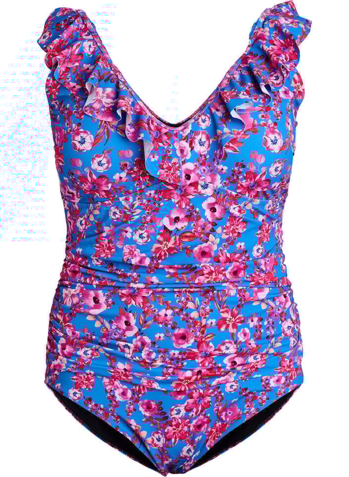 Floral swimsuit with ruffles and removable pads, Blue, Packshot image number 0