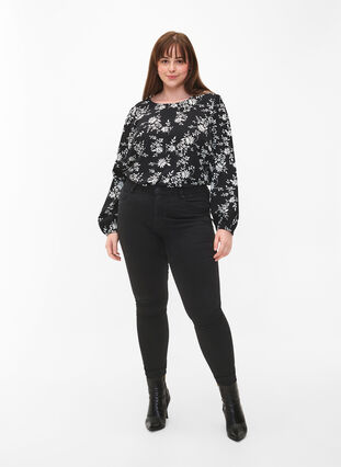 Blouse with puff sleeves, Black Flower AOP, Model image number 2