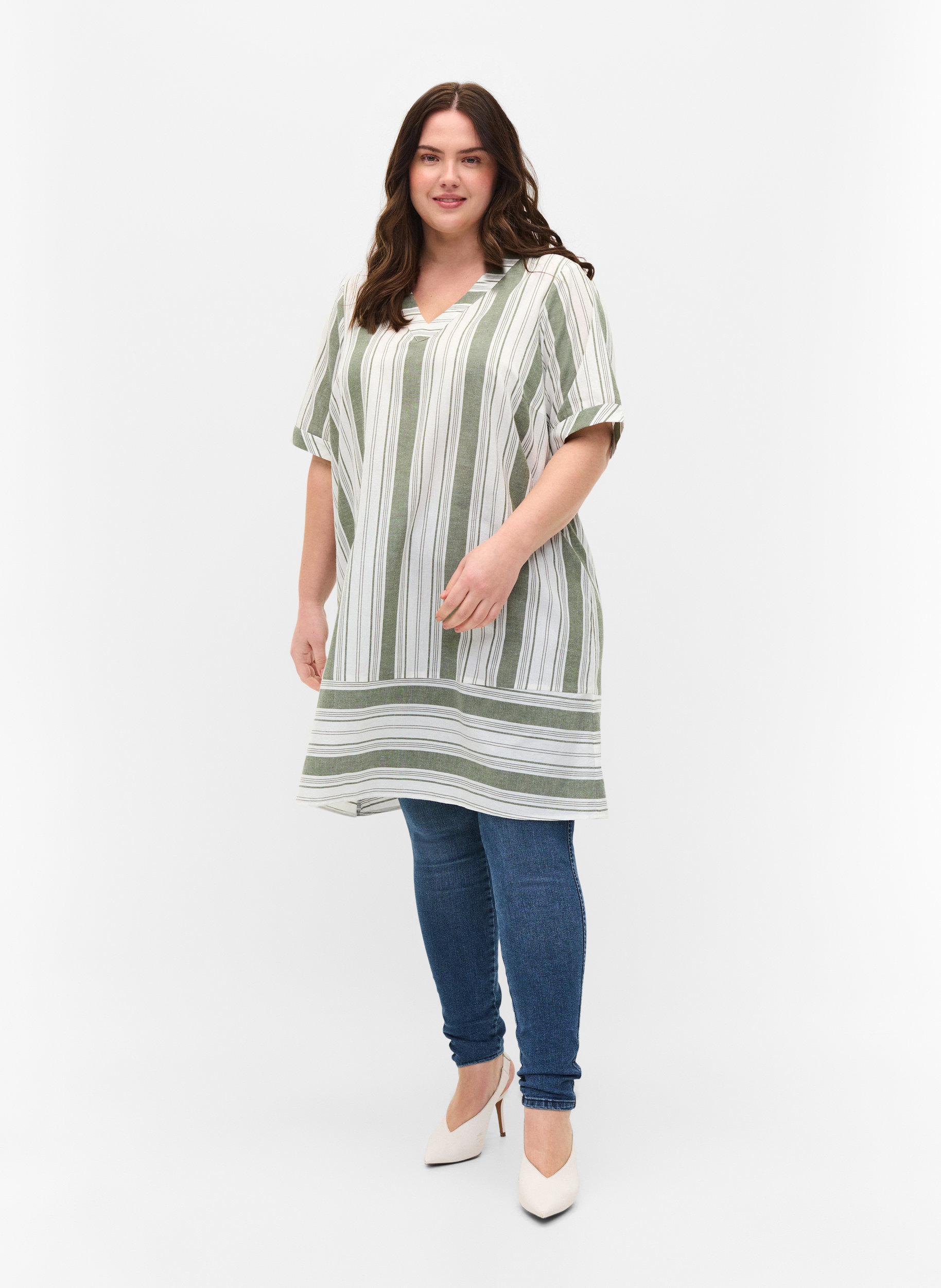 Striped cotton dress with short sleeves, Thyme Stripe, Model image number 2