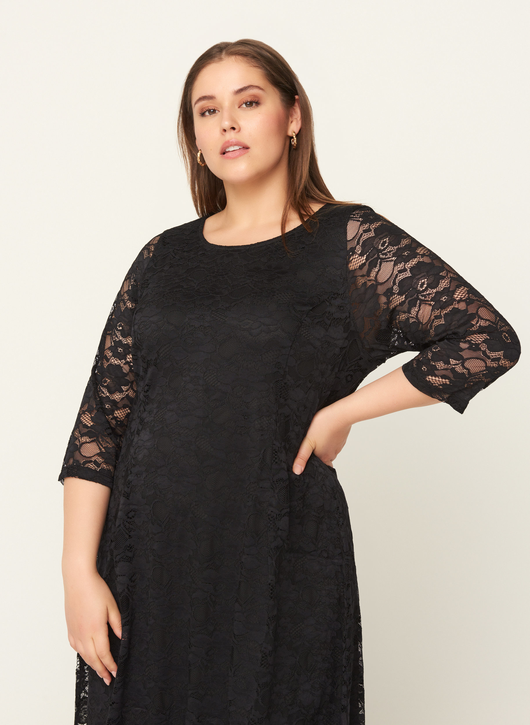 Lace dress with 3/4 sleeves, Black, Model image number 2