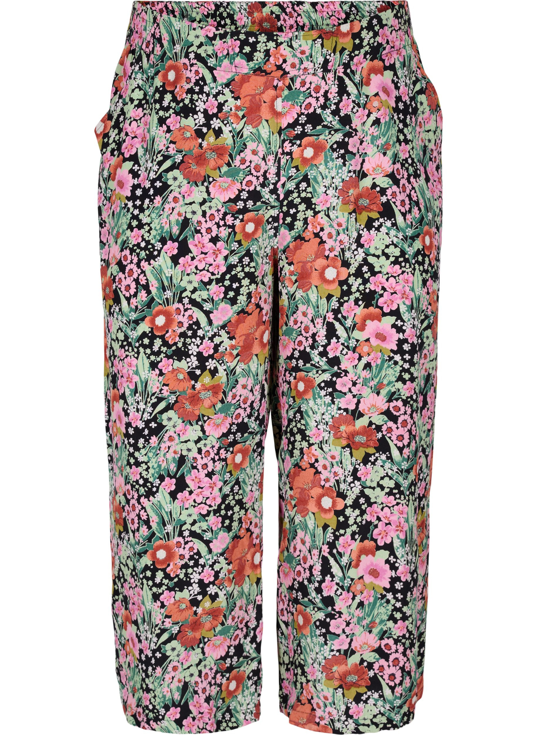 Floral culotte trousers with pockets, Green Flower AOP, Packshot image number 0