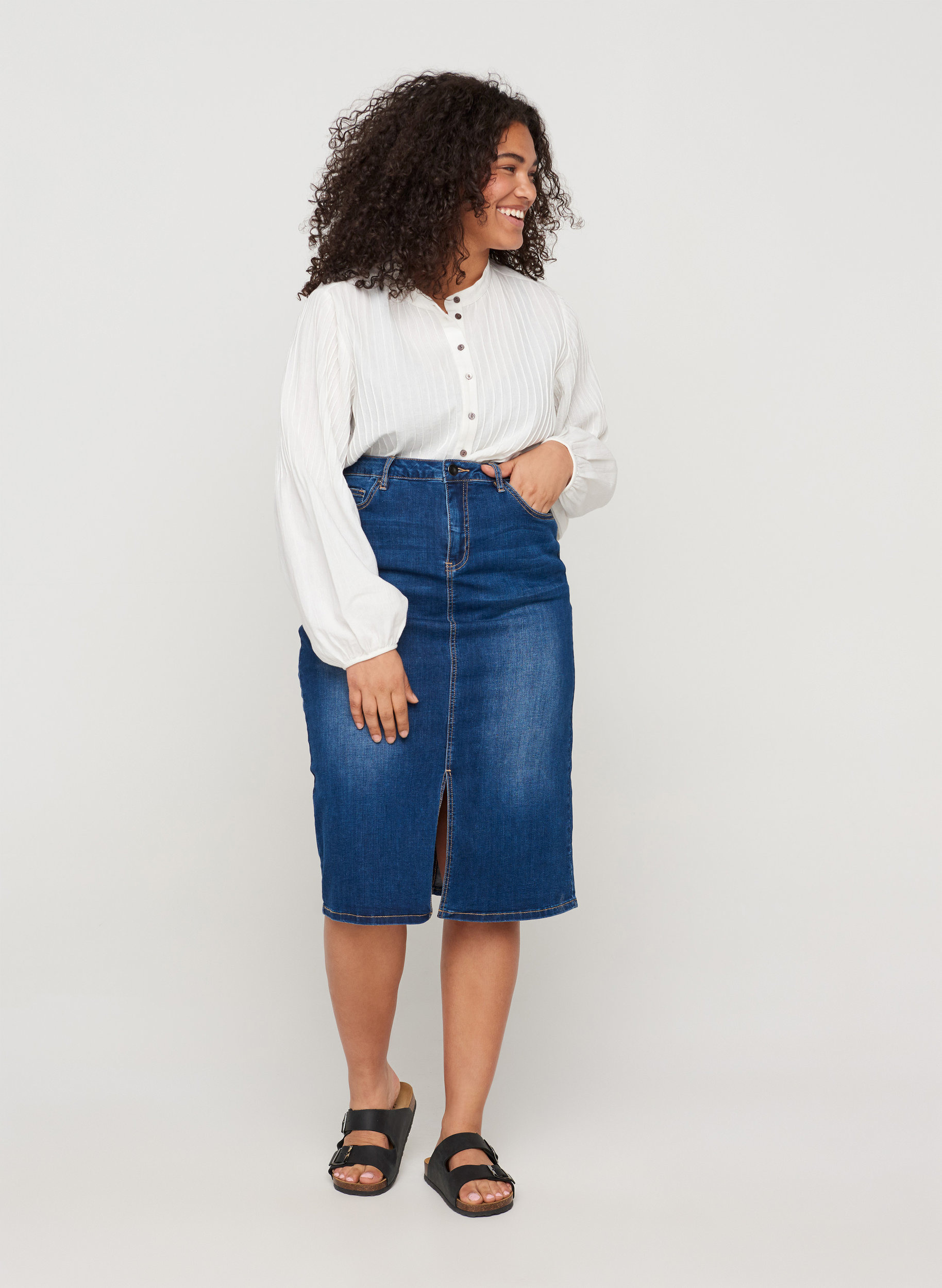Denim midi skirt with slits - Blue - Sz 