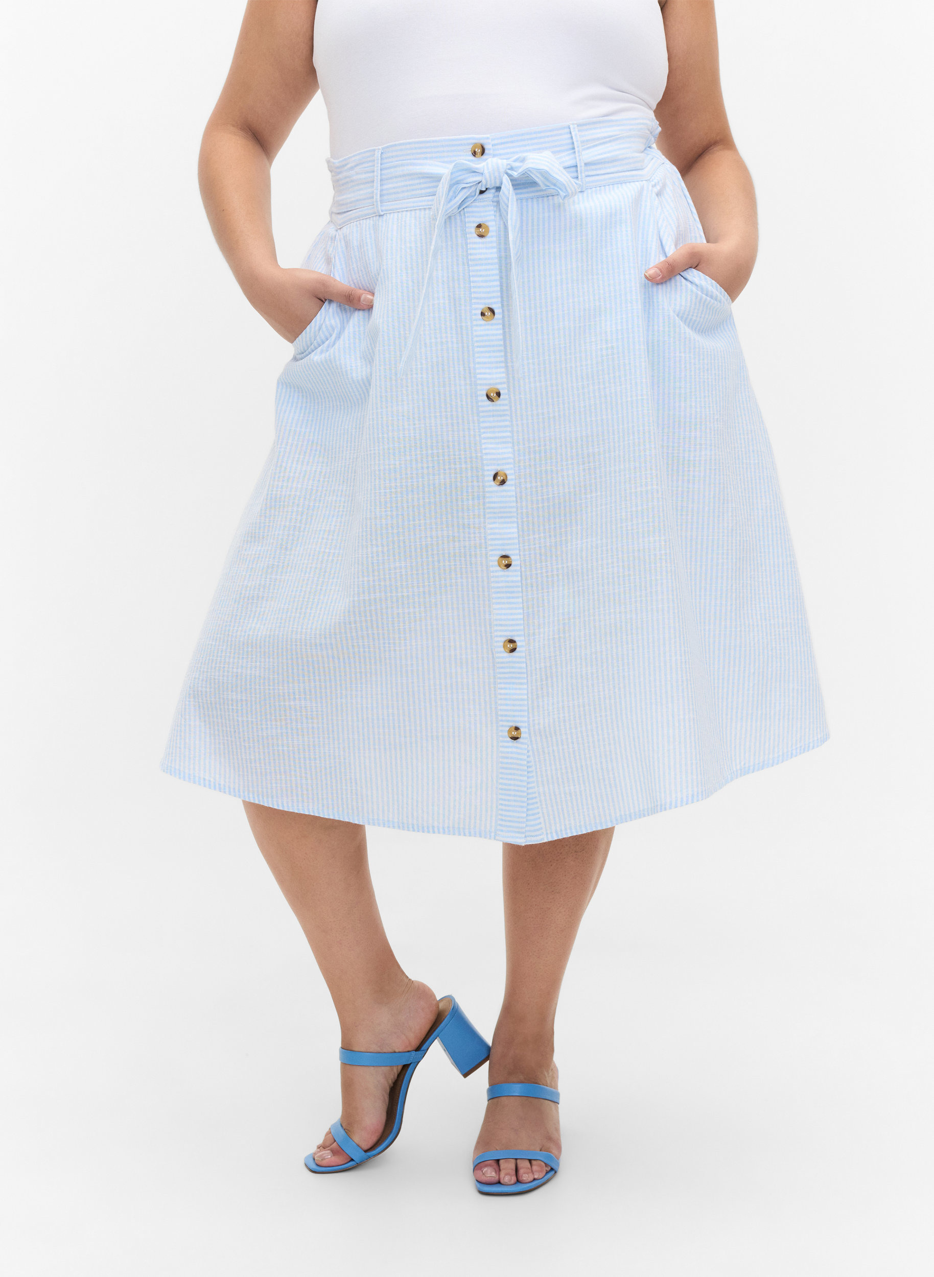 Striped skirt with pockets in cotton, Blue Bell Stripe, Model image number 2