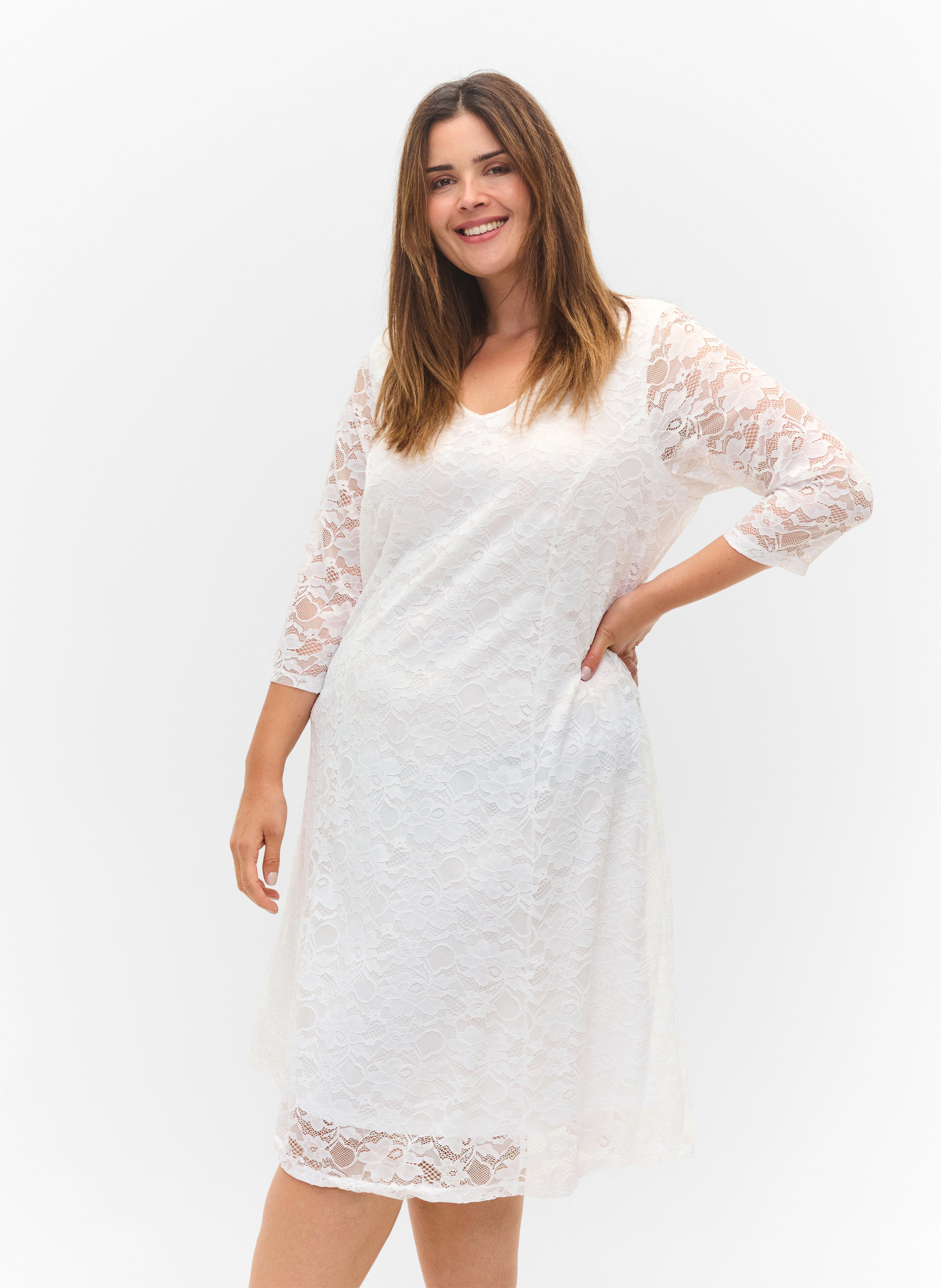 Lace dress with 3/4 sleeves, White, Model image number 0