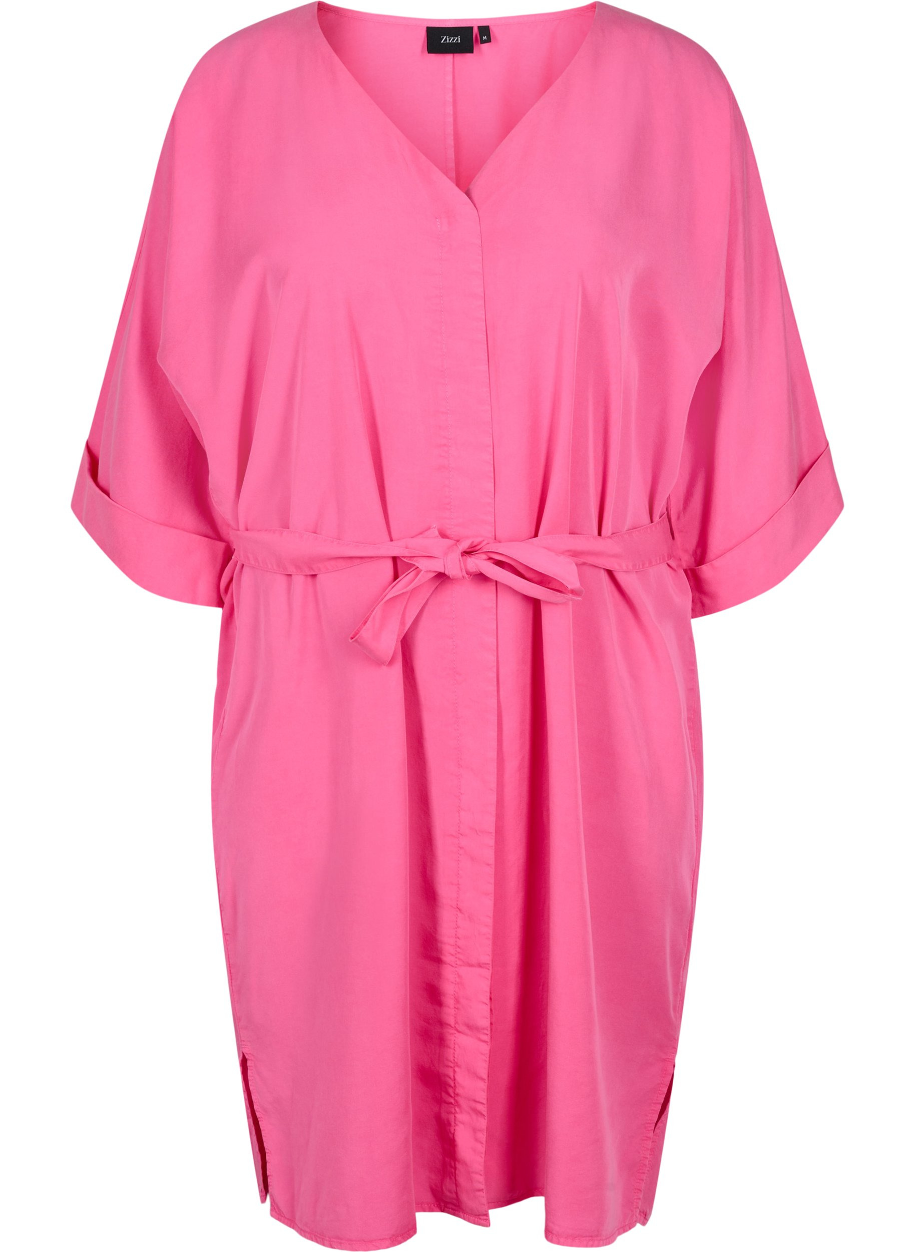 Dress with 3/4 sleeves and tie-belt, Shocking Pink