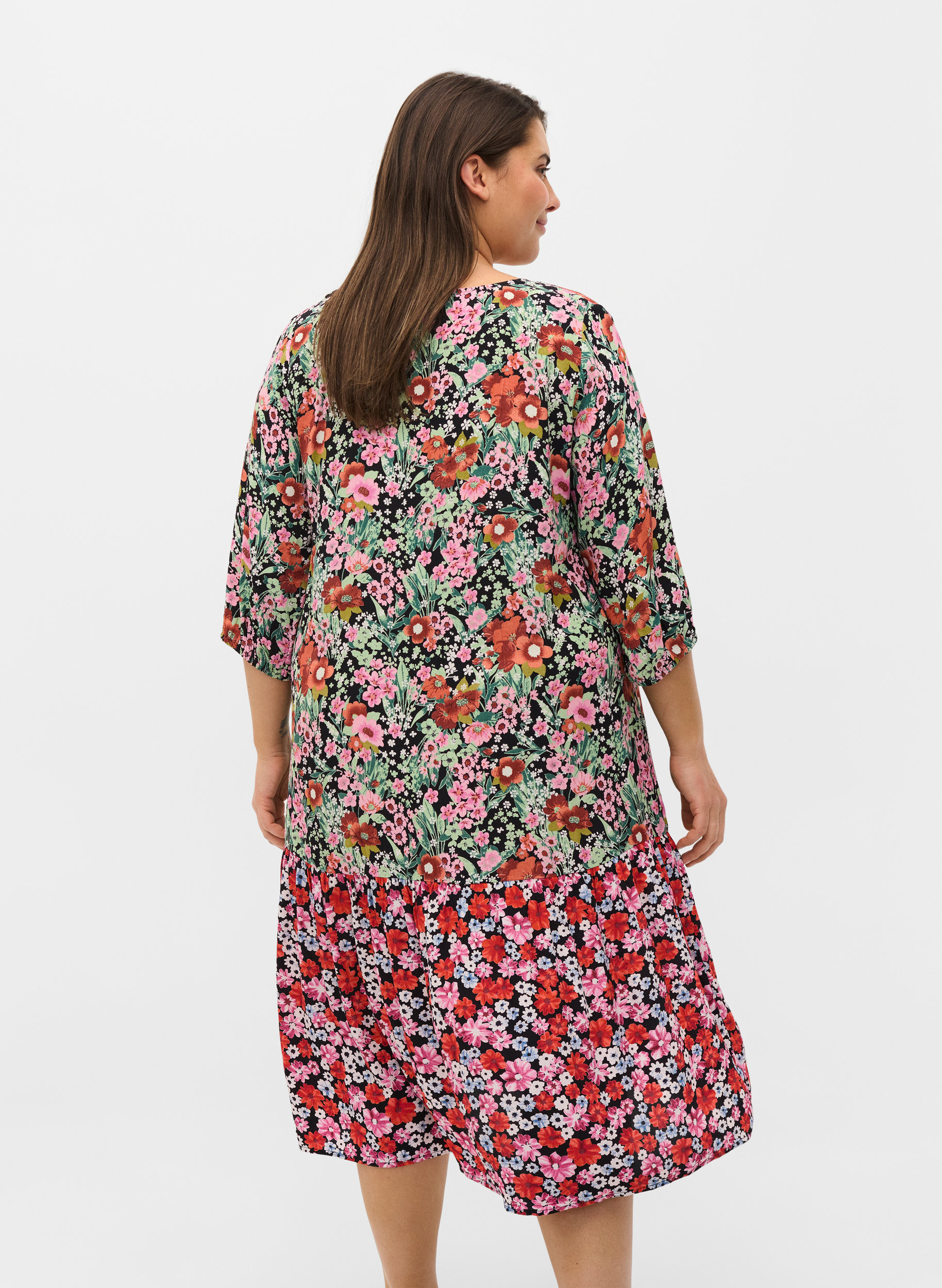 Floral viscose dress with 3/4-length sleeves, Flower AOP Mix, Model image number 1