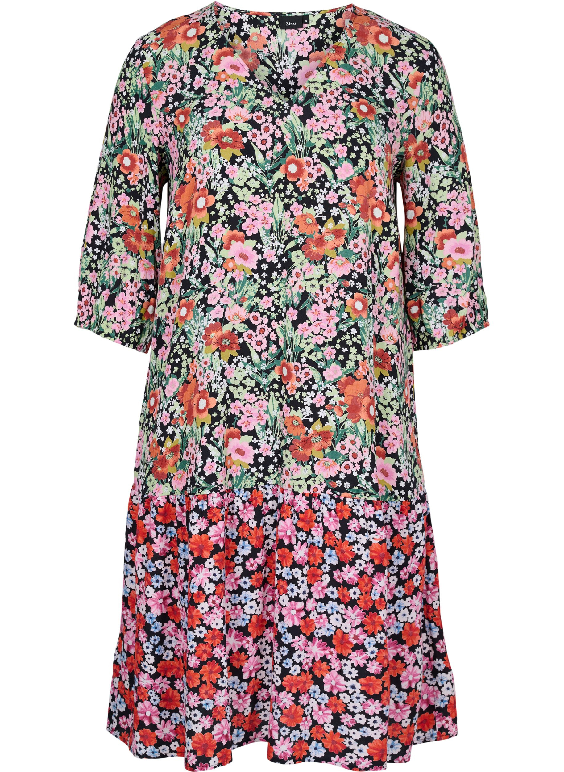 Floral viscose dress with 3/4-length sleeves, Flower AOP Mix, Packshot image number 0