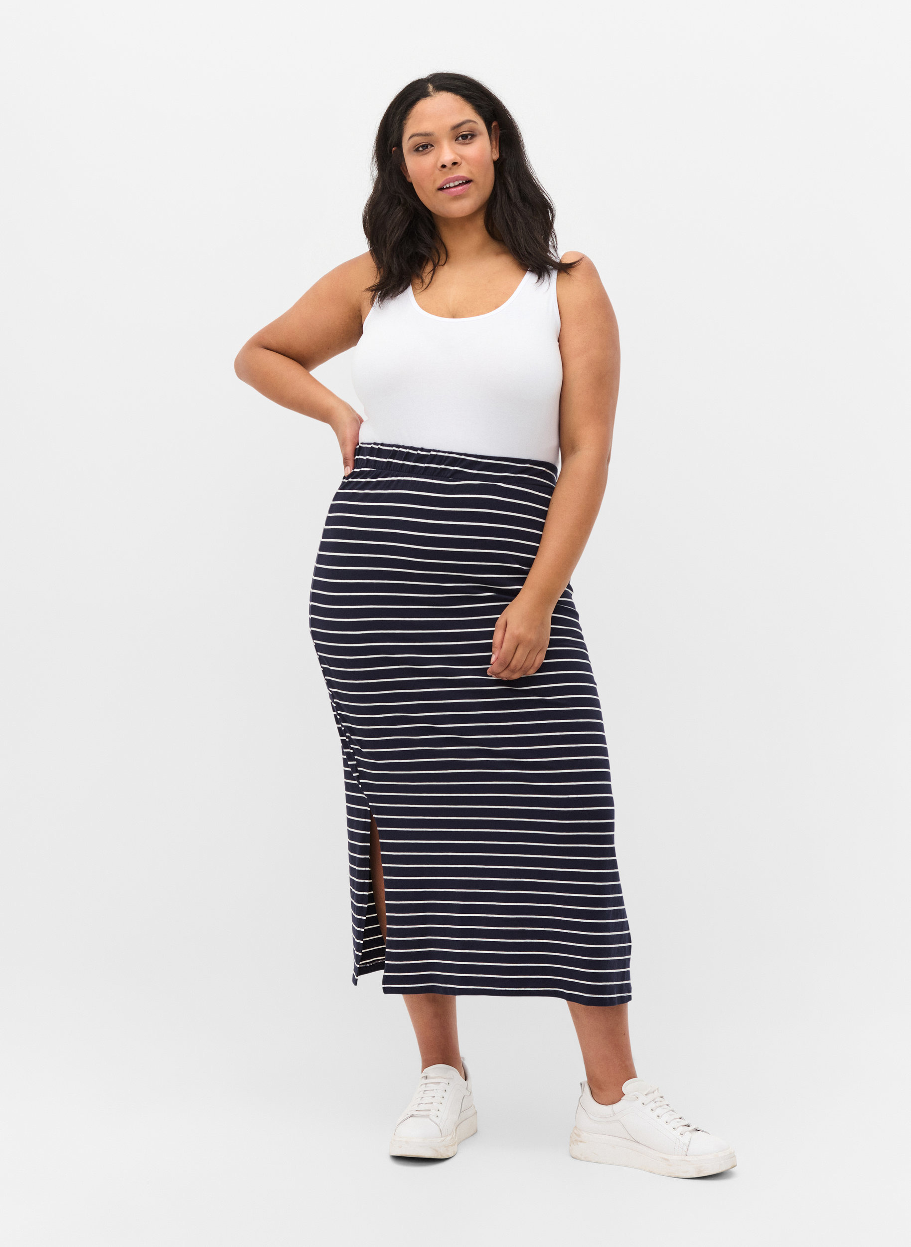 Long striped cotton skirt with slit, Blue Stripe, Model image number 0