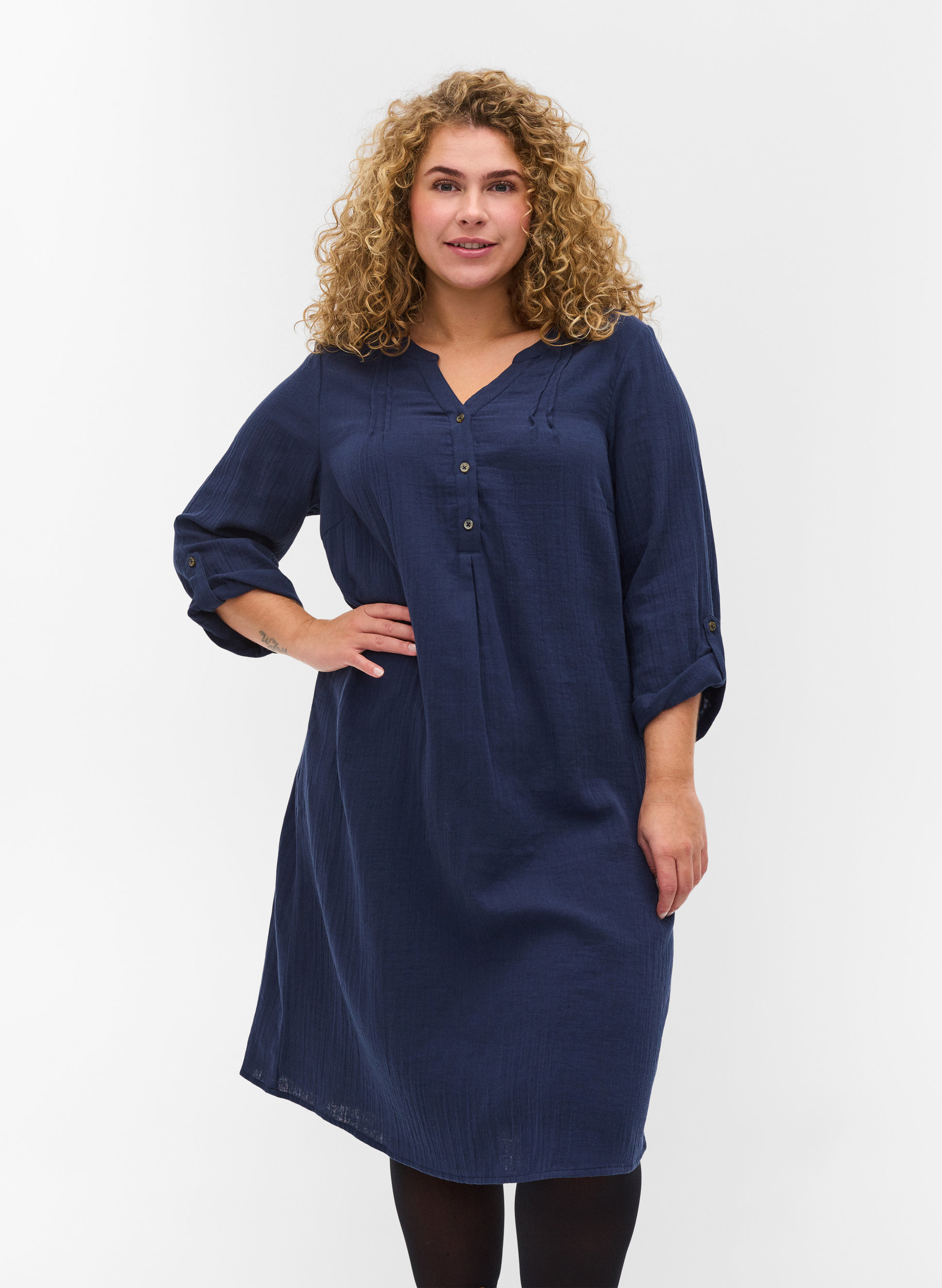 Cotton dress with 3/4 sleeves - Blue ...