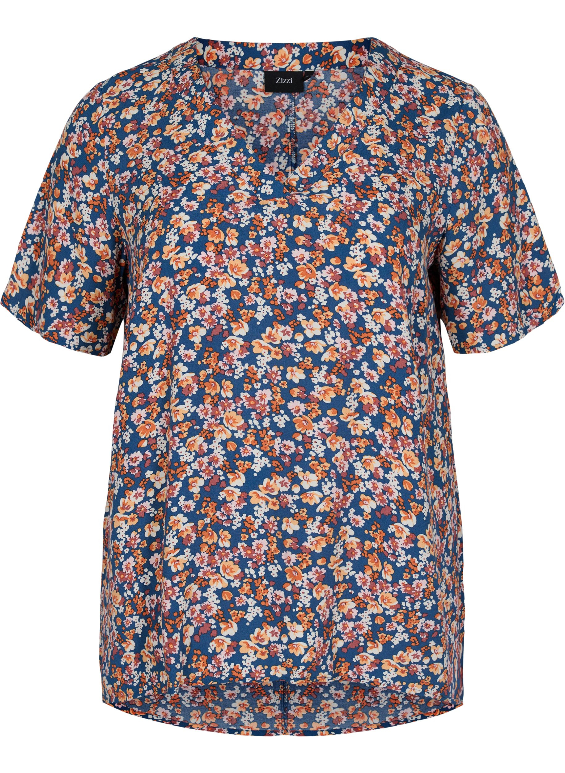 Short-sleeved viscose blouse with a floral print, Amberglow Flowers , Packshot image number 0