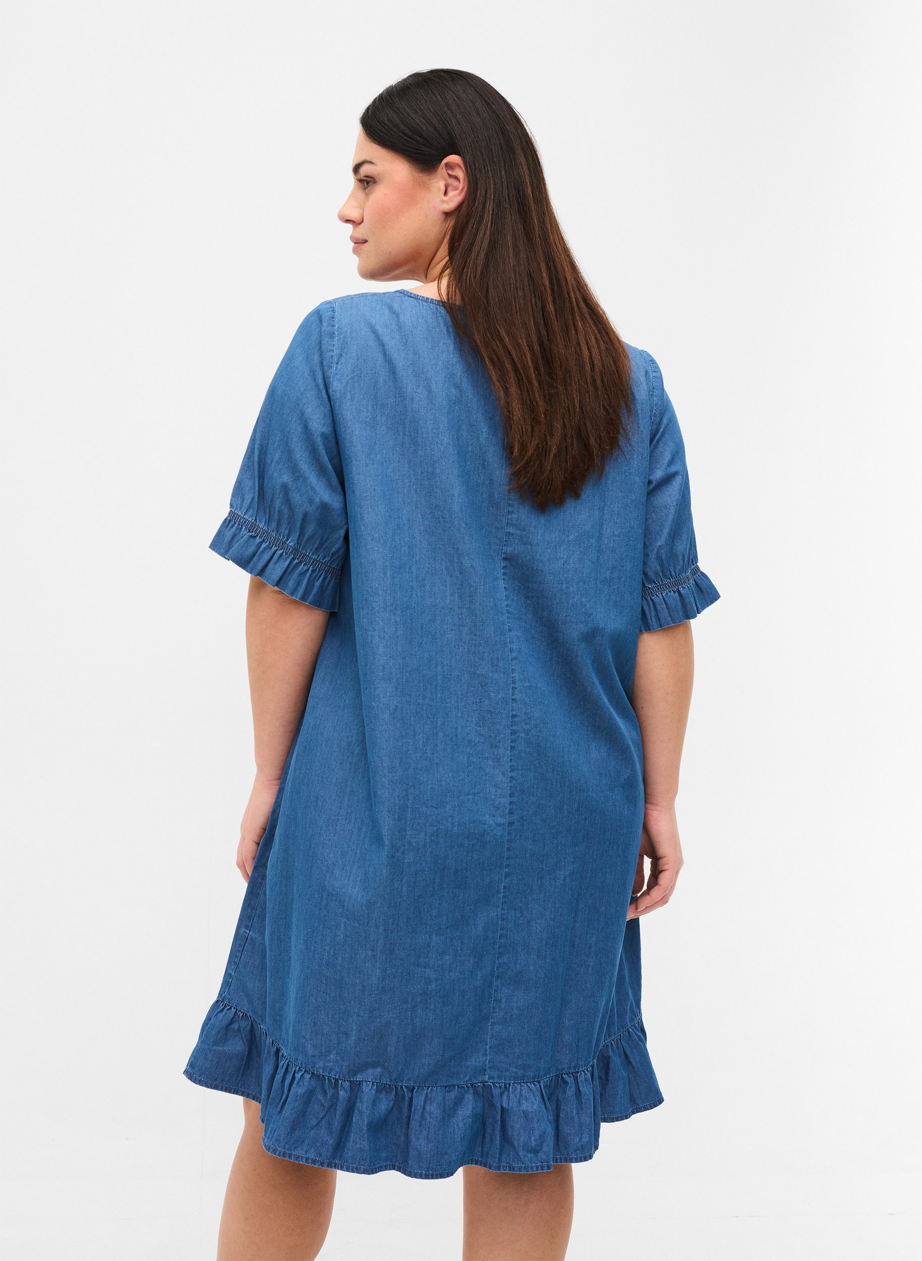 Short-sleeved denim dress in cotton, Blue denim, Model image number 1