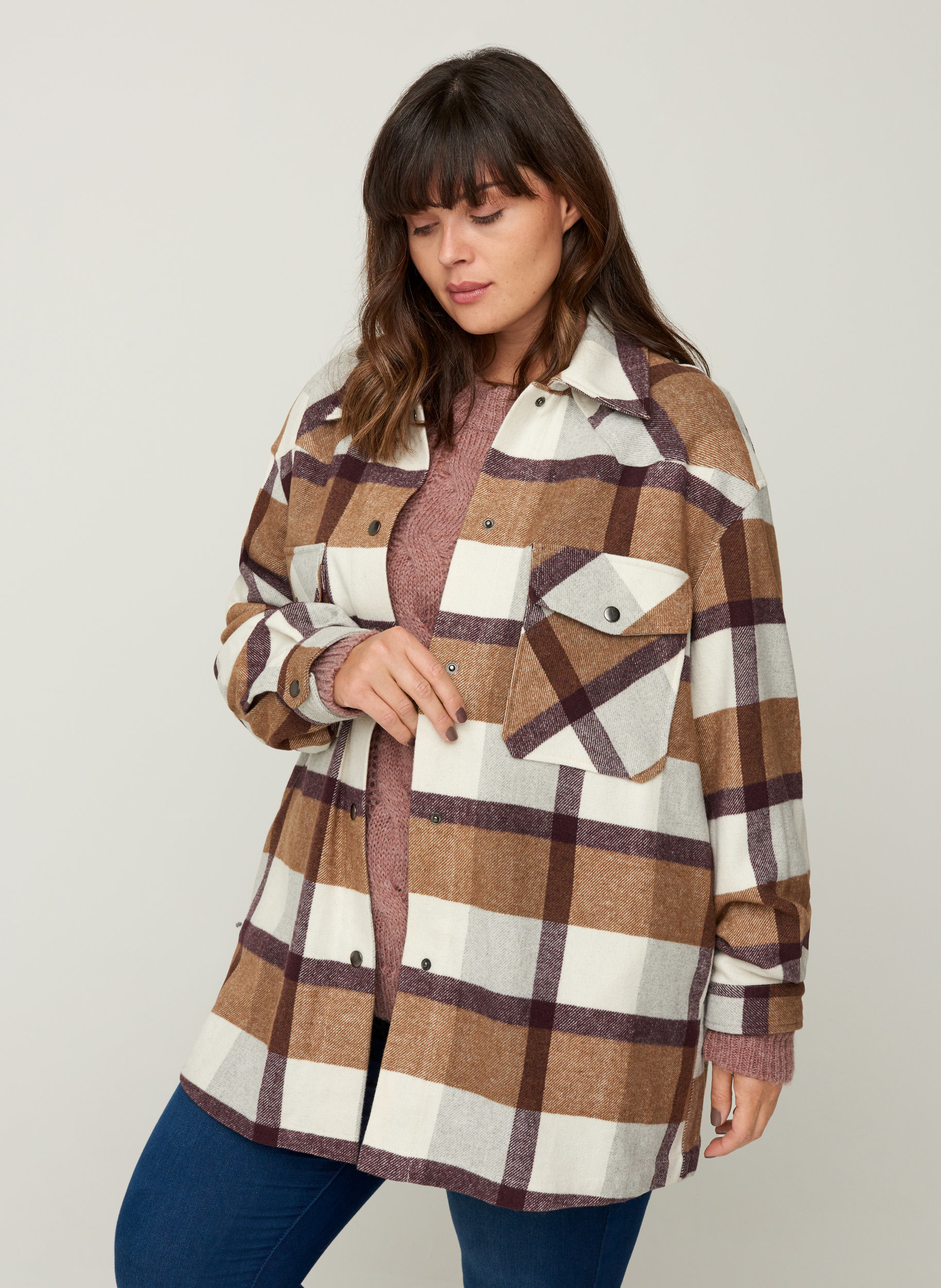 Oversize checked shirt jacket - Brown 