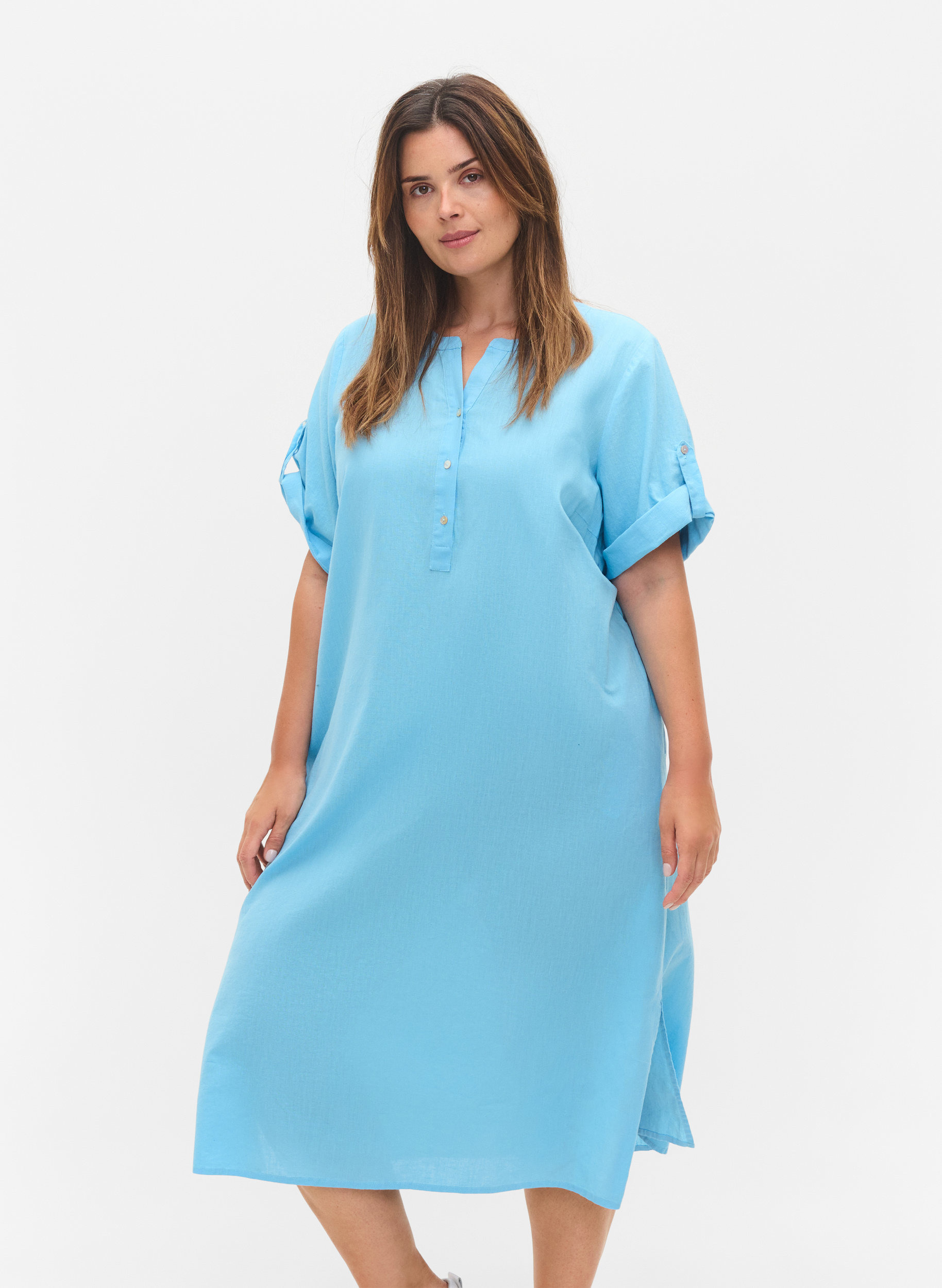 Long short-sleeved shirt dress, Alaskan Blue, Model