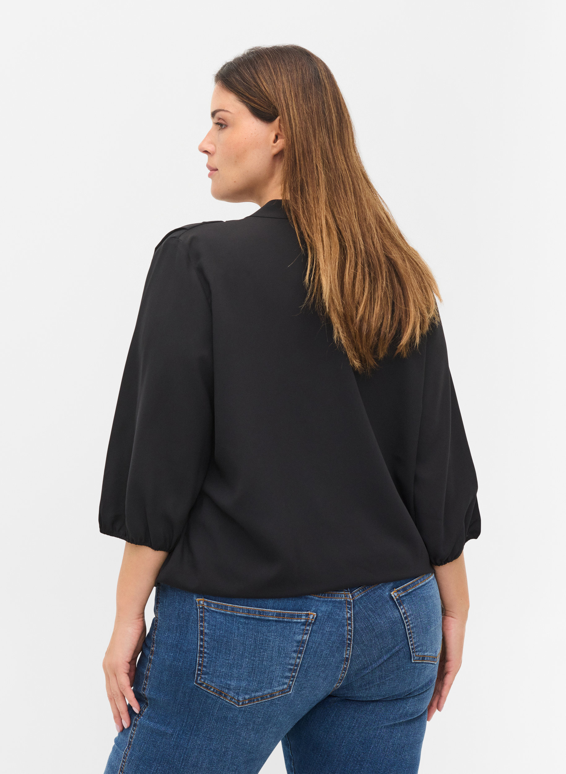 Wrap look blouse with v-neck and 3/4 sleeves, Black, Model image number 1