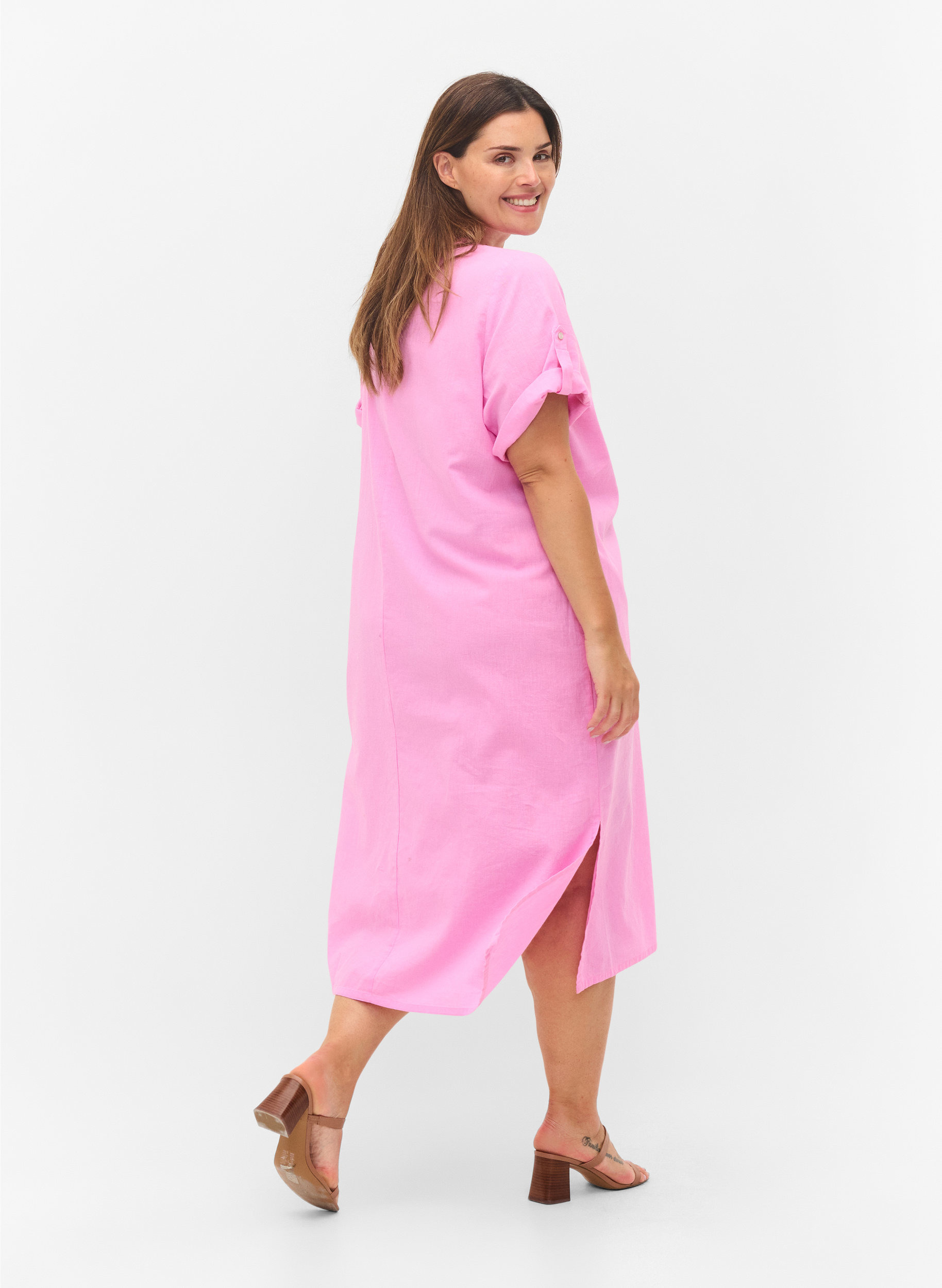 Long short-sleeved shirt dress, Begonia Pink, Model image number 1