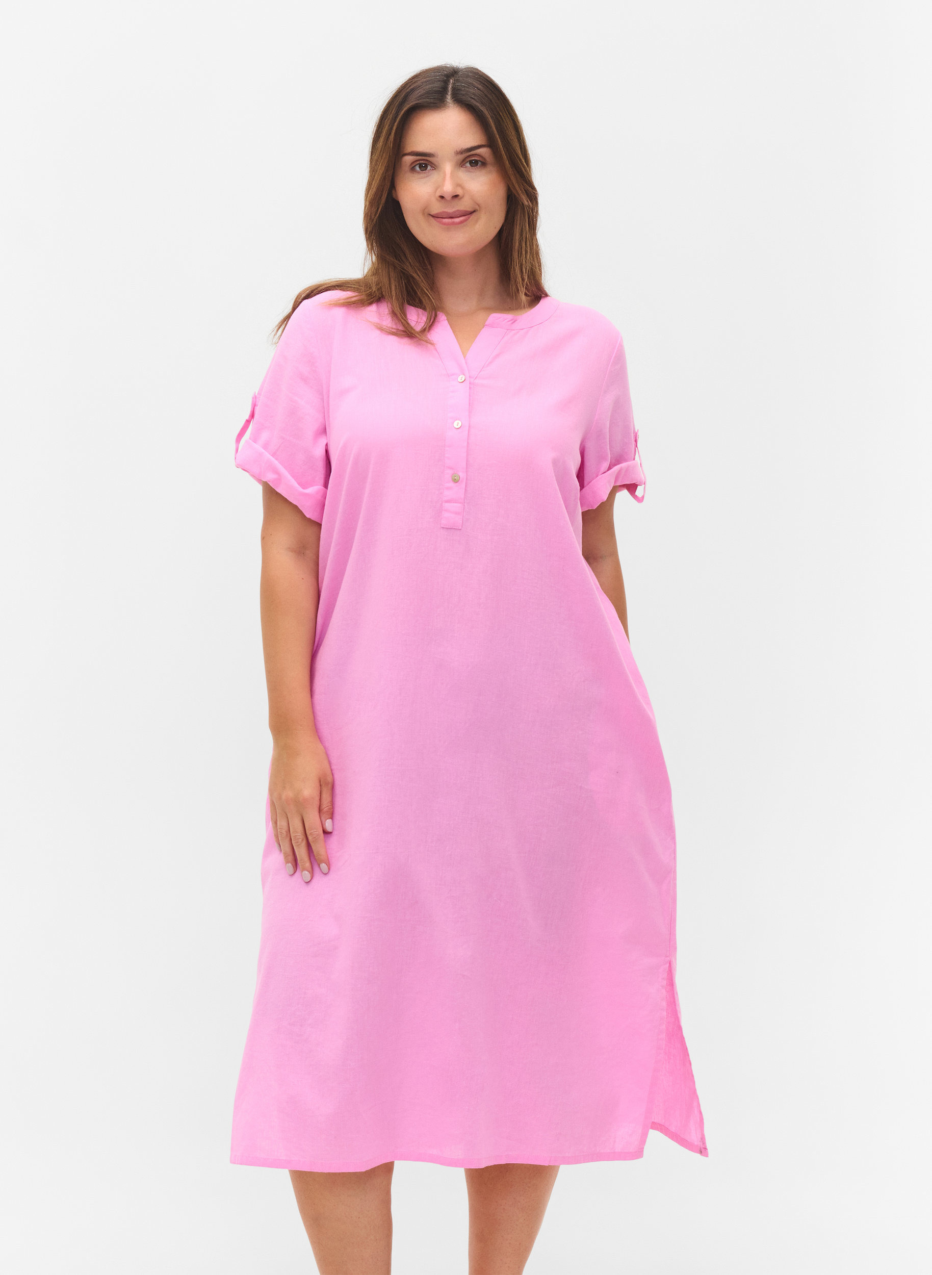 Long short-sleeved shirt dress, Begonia Pink, Model