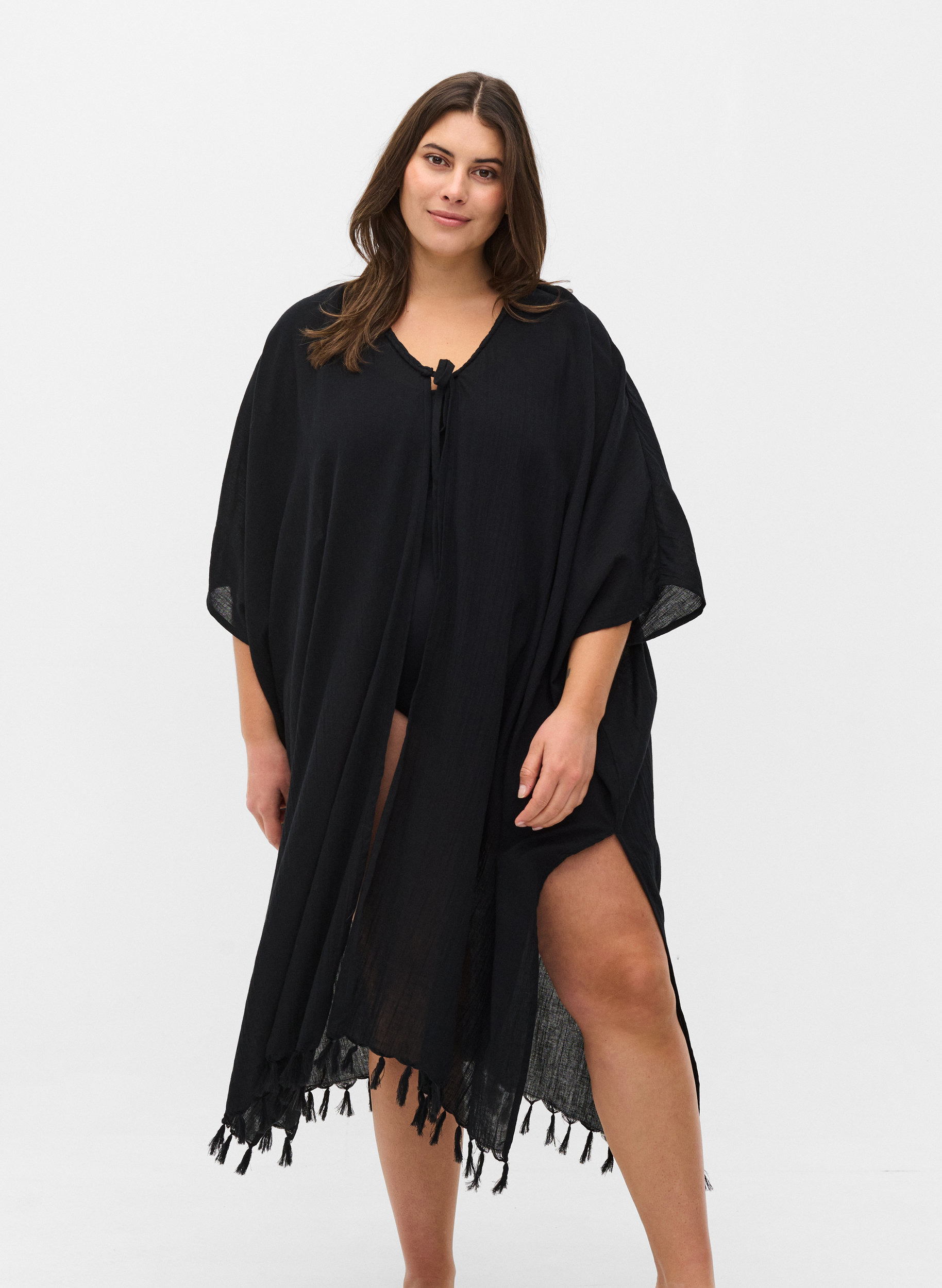 Beach kimono with fringe - Black - Sz 
