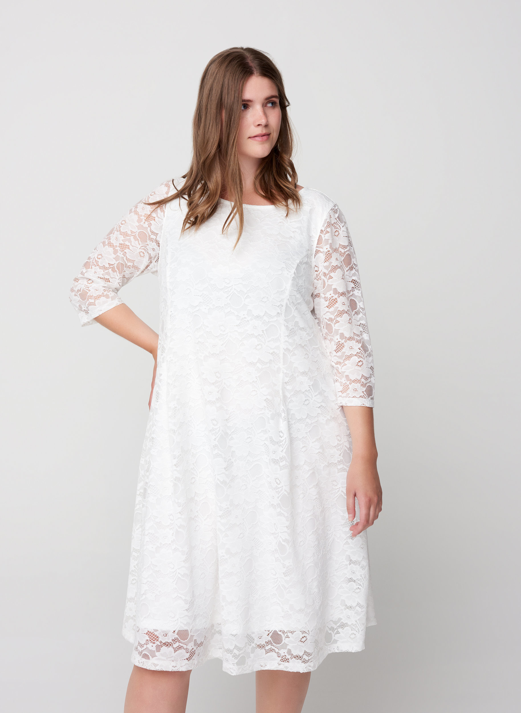 Lace dress with 3/4 sleeves, White, Model image number 2