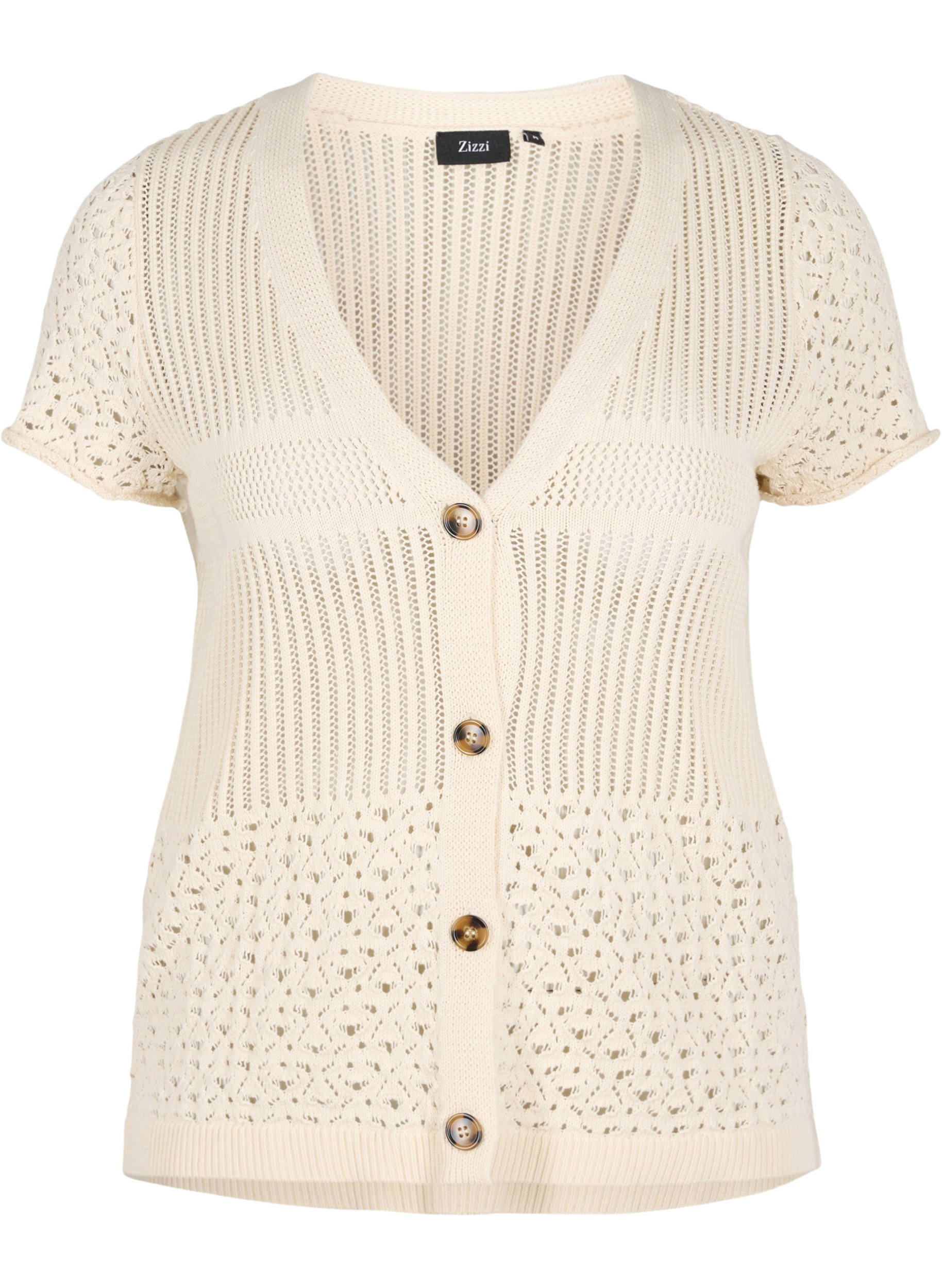 Short-sleeved knit cardigan with buttons, Warm Off-white, Packshot image number 0
