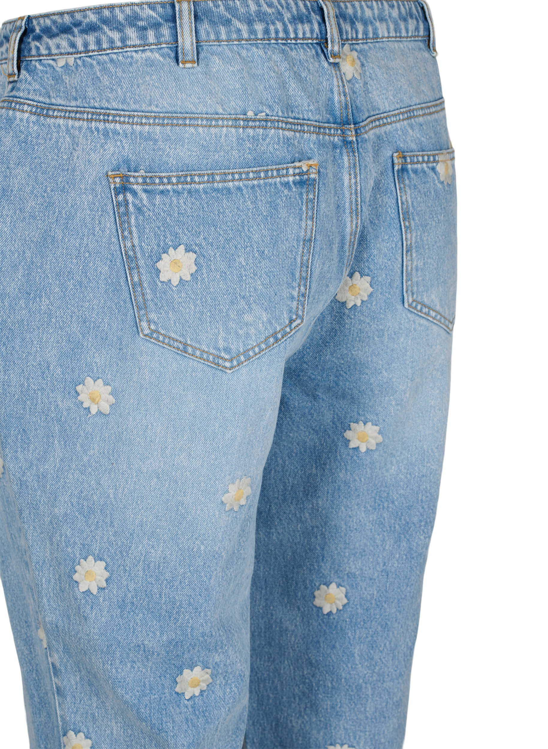 Mille mom fit jeans with floral embroidery, Light Blue w. Flower, Packshot image number 3