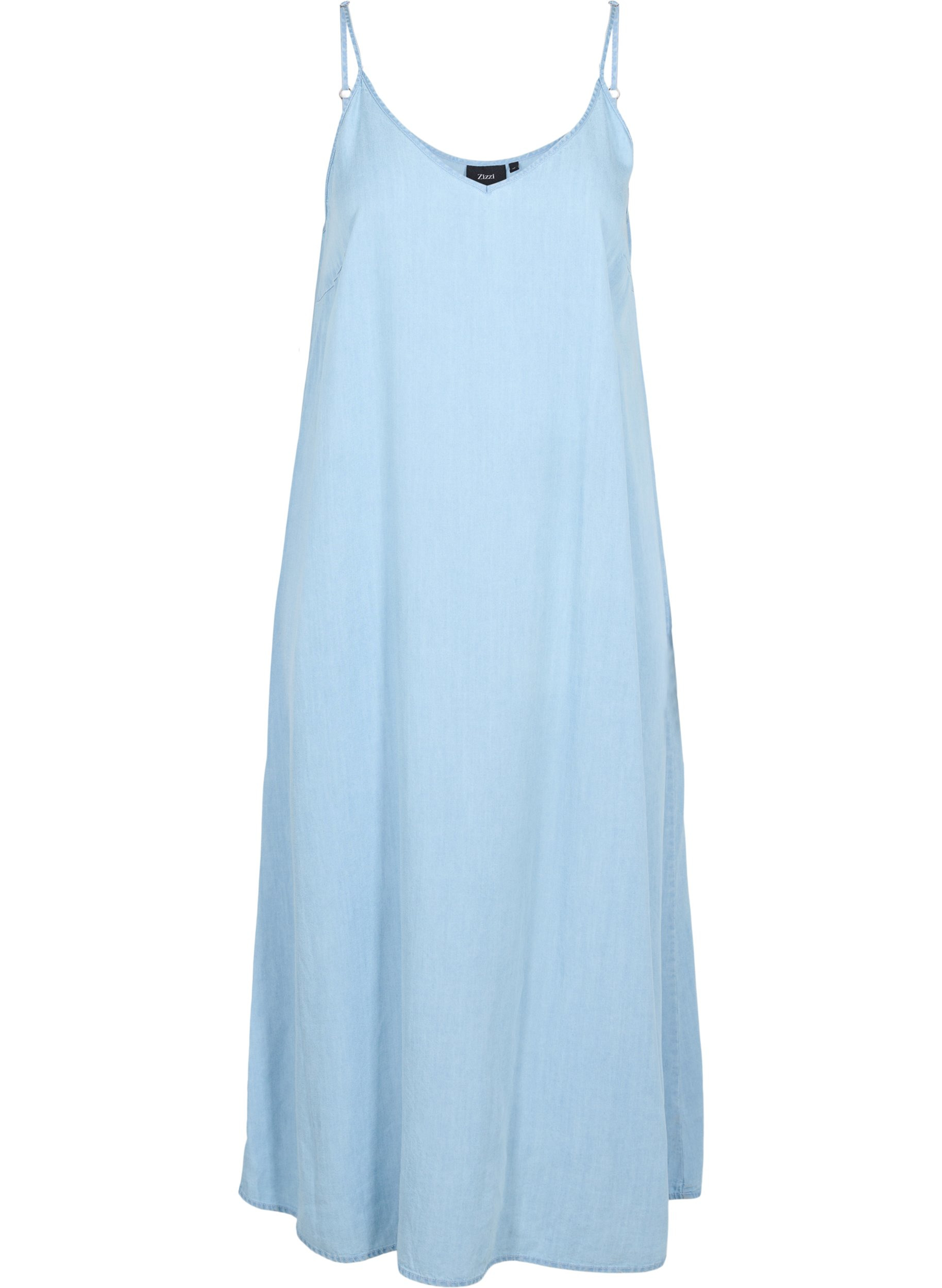 Long denim dress with thin straps 