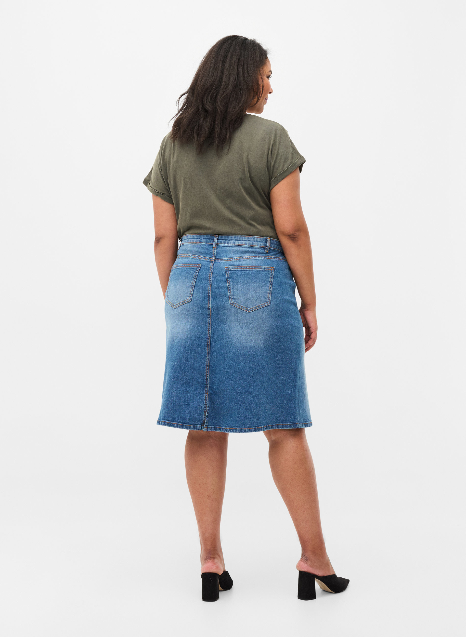 Cotton denim midi skirt, Blue denim, Model image number 1