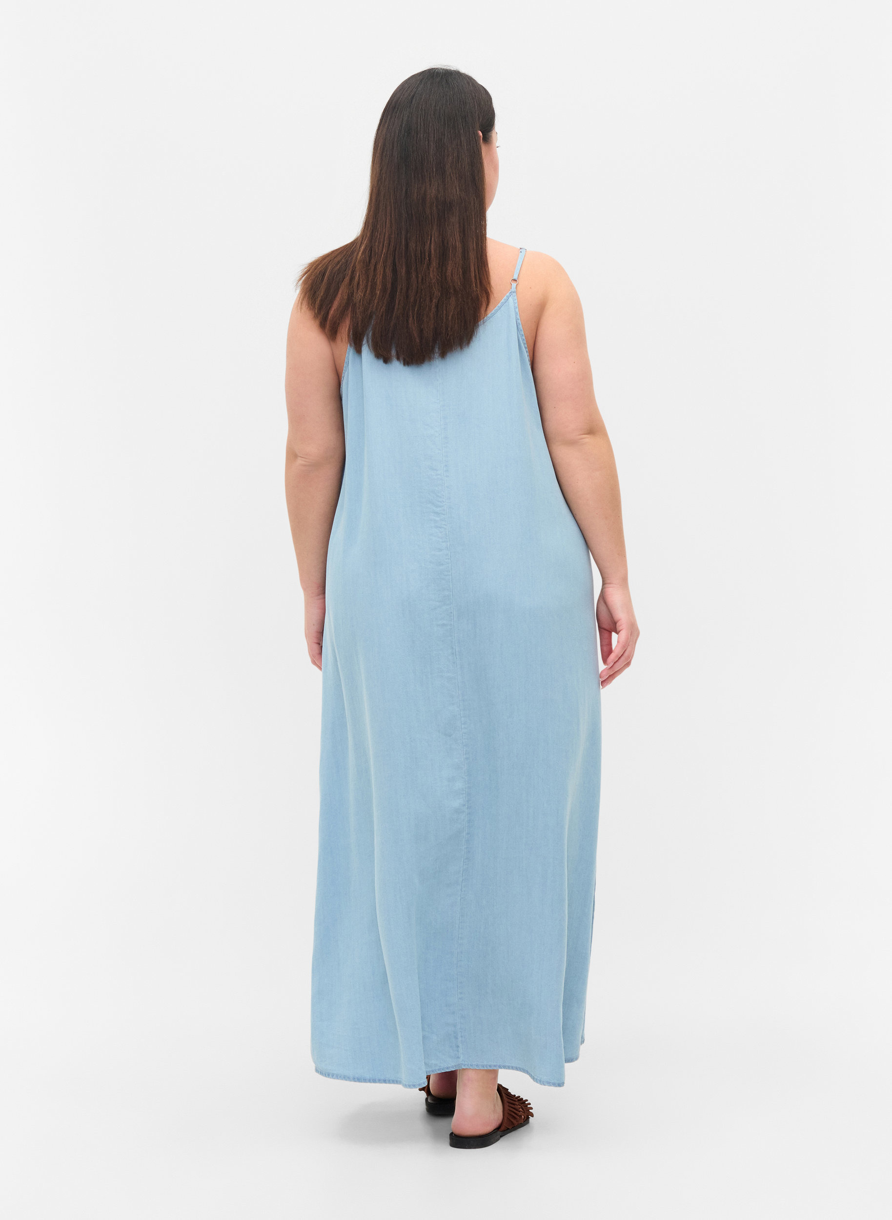 Long denim dress with thin straps 