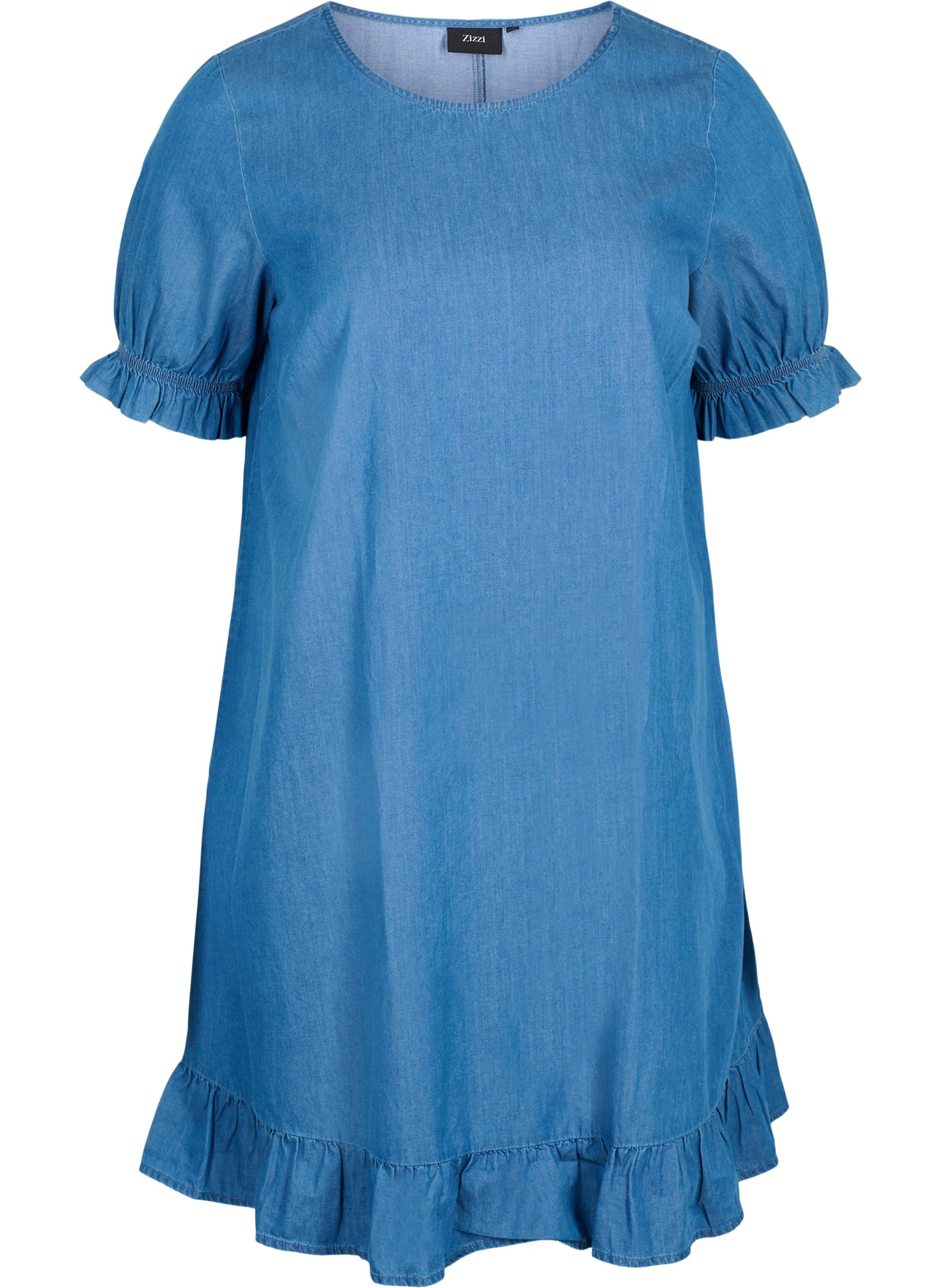 Short-sleeved denim dress in cotton, Blue denim, Packshot image number 0