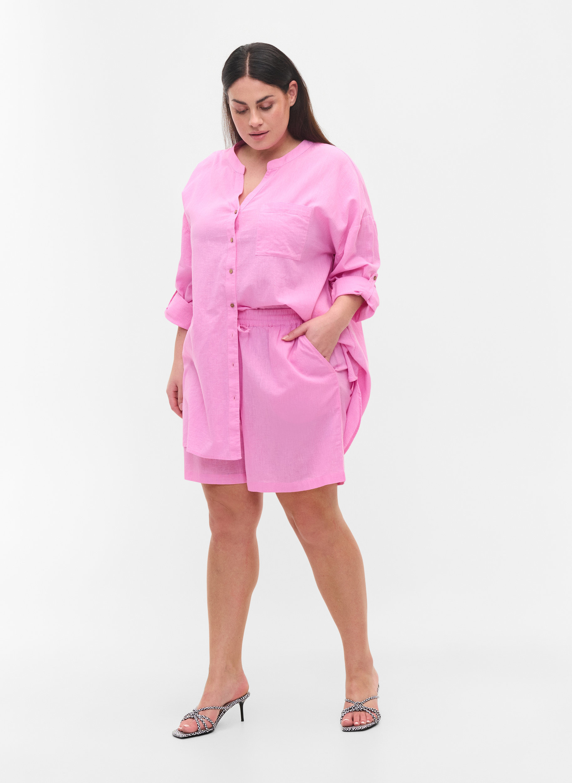 Blouse with 3/4-length sleeves and button closure, Begonia Pink, Model image number 2