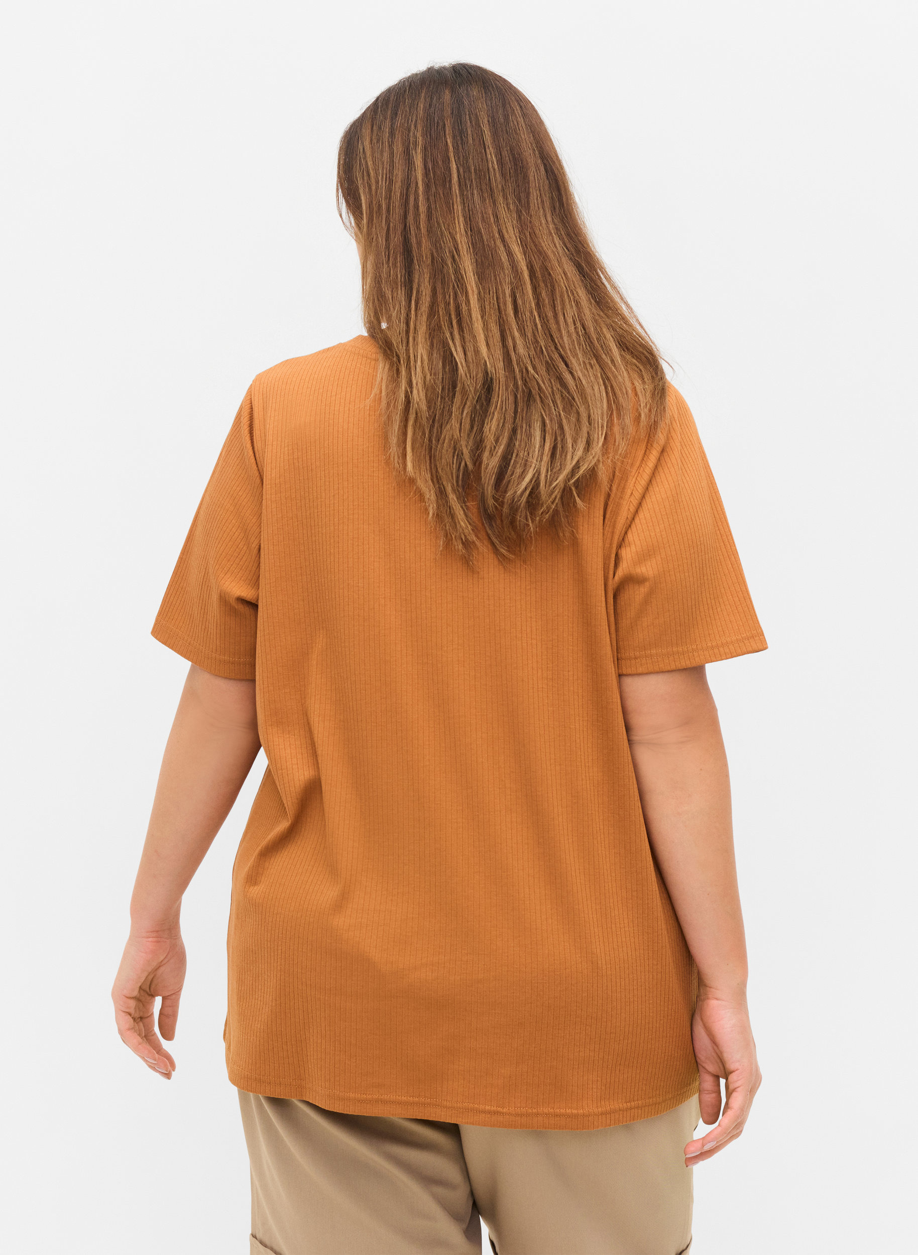 Short-sleeved t-shirt in ribbed fabric, Pecan Brown, Model