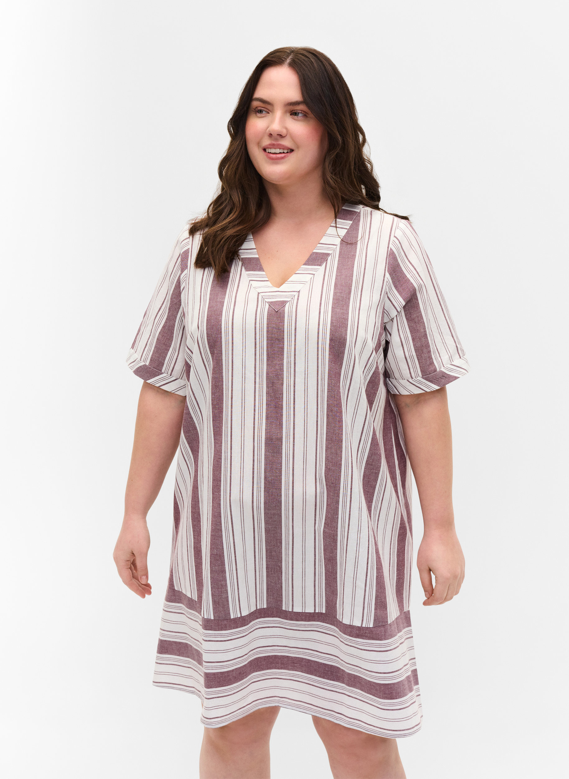 Striped cotton dress with short sleeves, Vineyard Wine Stripe, Model image number 0