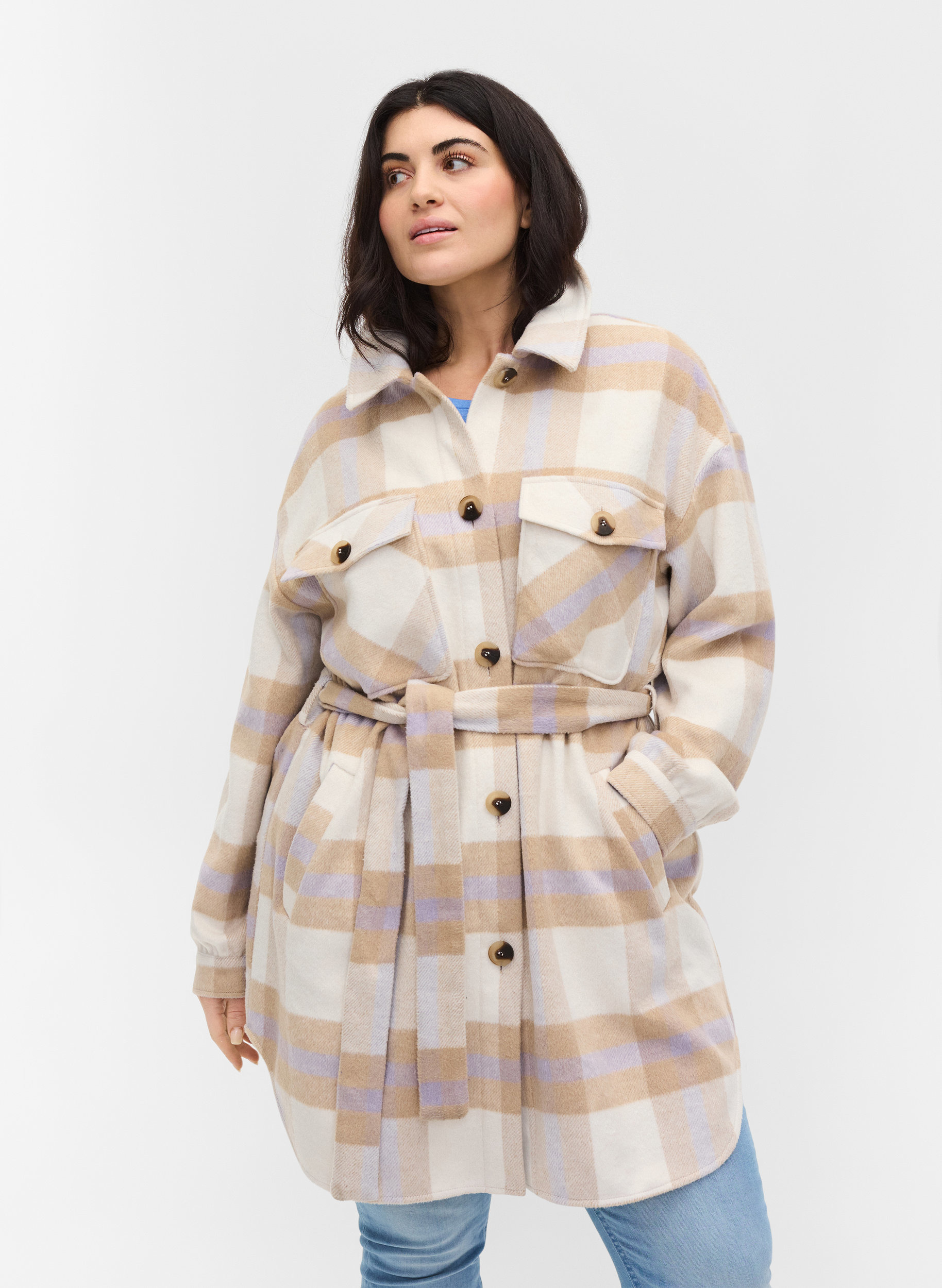 Checked shirt jacket with belt - Beige 